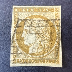 Yvert 1b, "Cérès 10c bistre verdâtre" en oblitéré. TB.