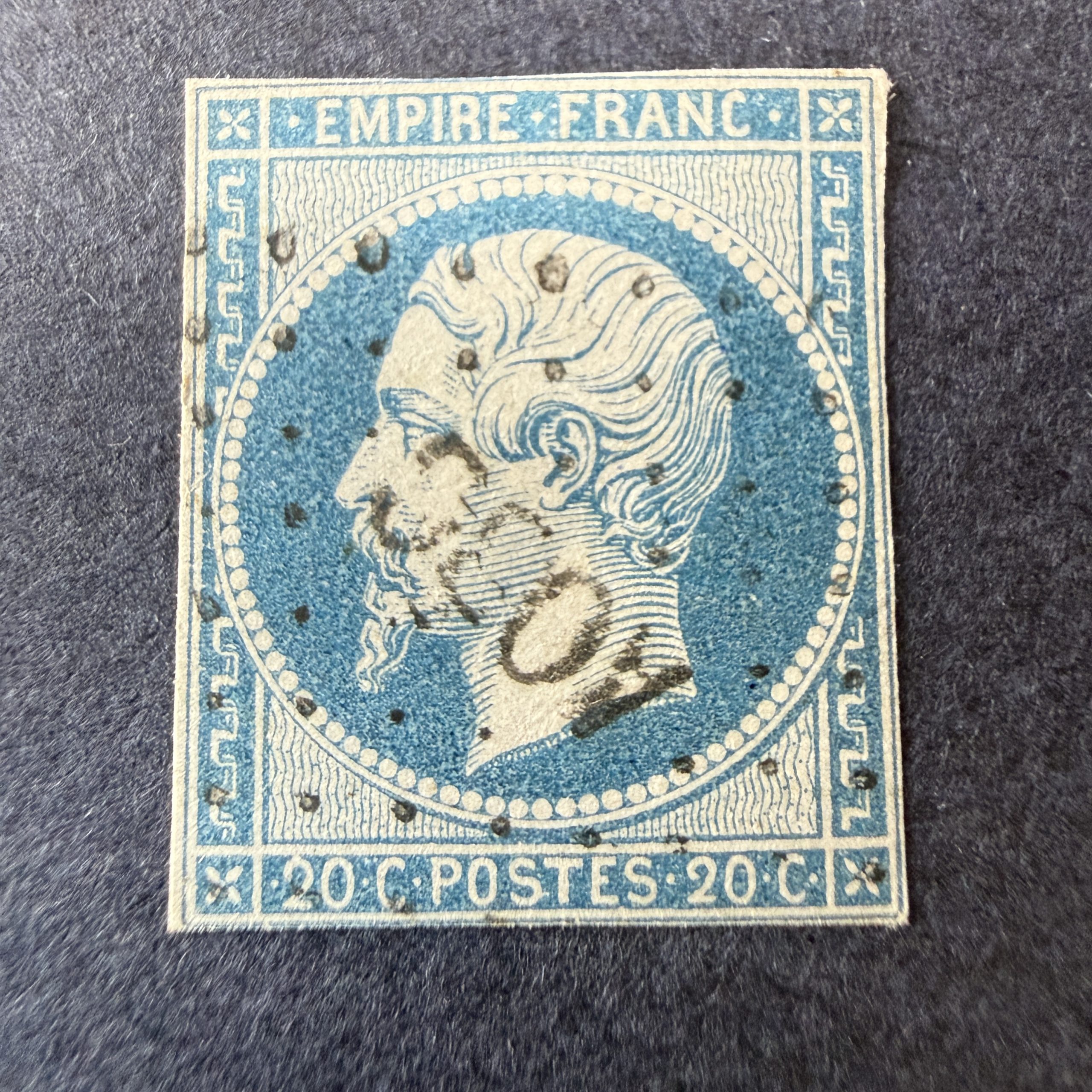 Yvert 14A, "Napoléon 20c bleu" oblitération "AOBC" armée d'orient. TB/B.