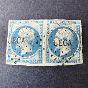 Yvert 14B, "Napoléon 20c bleu" paire oblitération "CECA" corps Chine. TB/B.