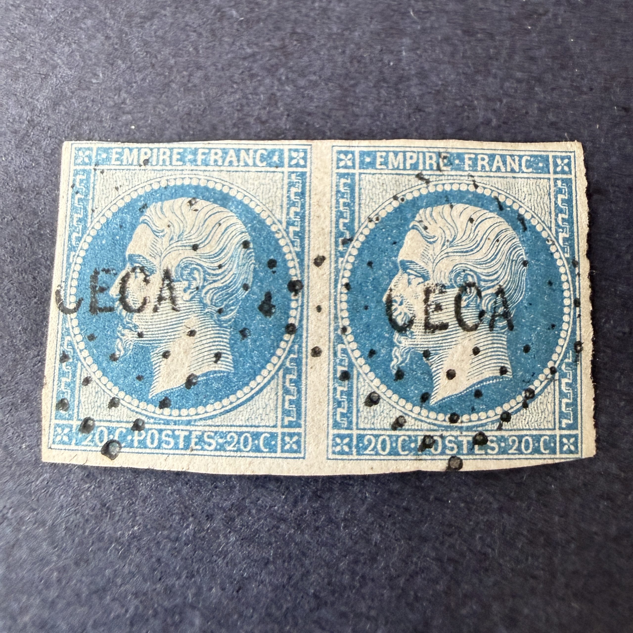 Yvert 14B, "Napoléon 20c bleu" paire oblitération "CECA" corps Chine. TB/B.