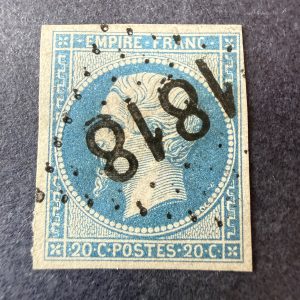 Yvert 14B, "Napoléon 20c bleu" oblitéré cachet essai "1818". TB/B.