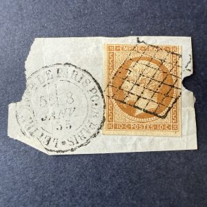 Yvert 13A, "Napoléon 10c bistre" oblitéré grille sur fragment. TB.