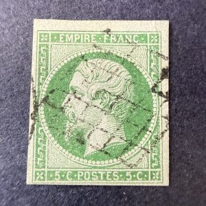 Yvert 12, "Napoléon 5c vert" oblitéré grille. Signé Calves. Superbe.