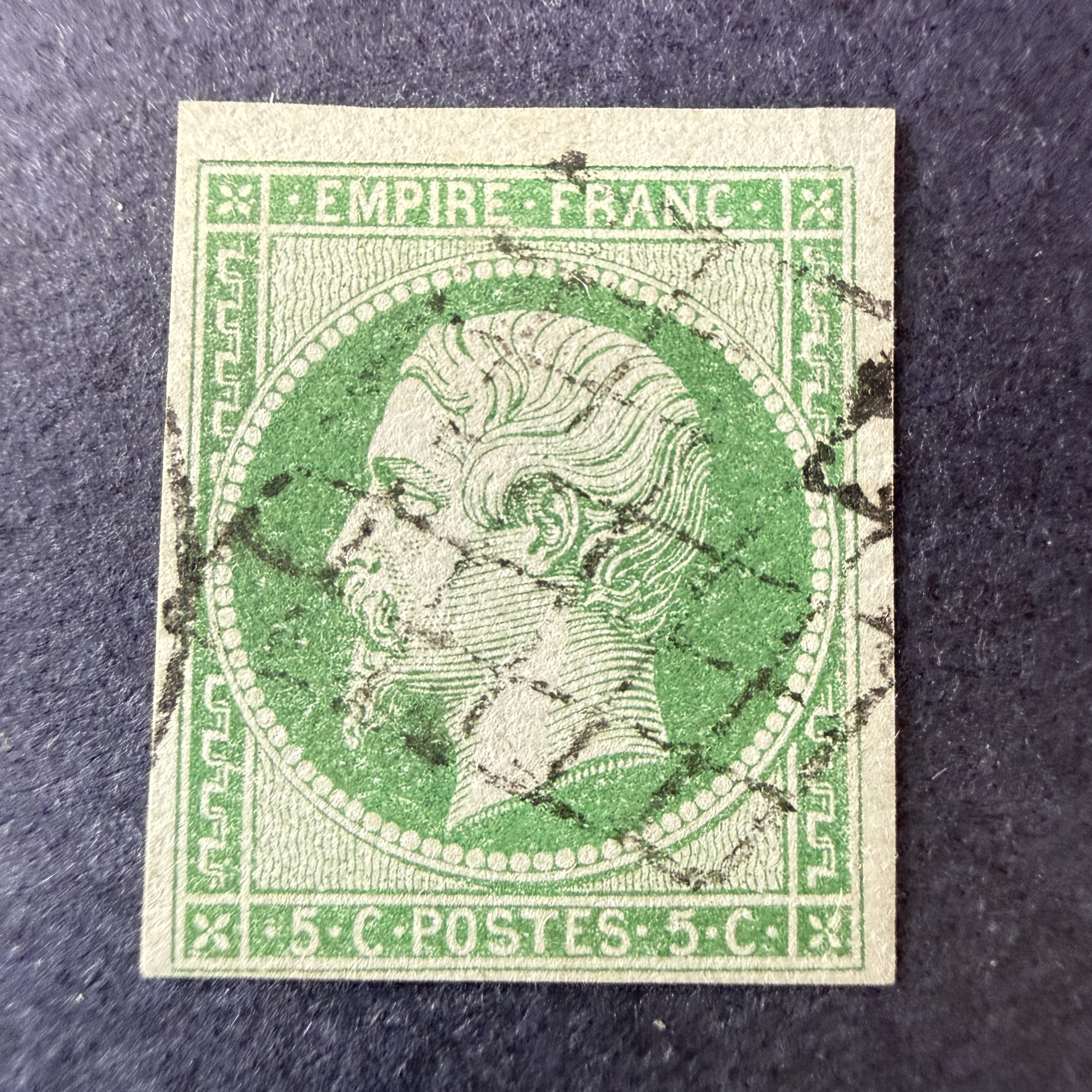 Yvert 12, "Napoléon 5c vert" oblitéré grille. Signé Calves. Superbe.
