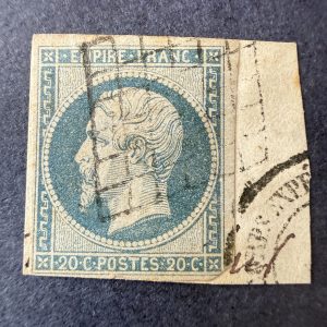 Yvert 14A, "Napoléon 20c bleu" oblitéré grille sur fragment. TB.