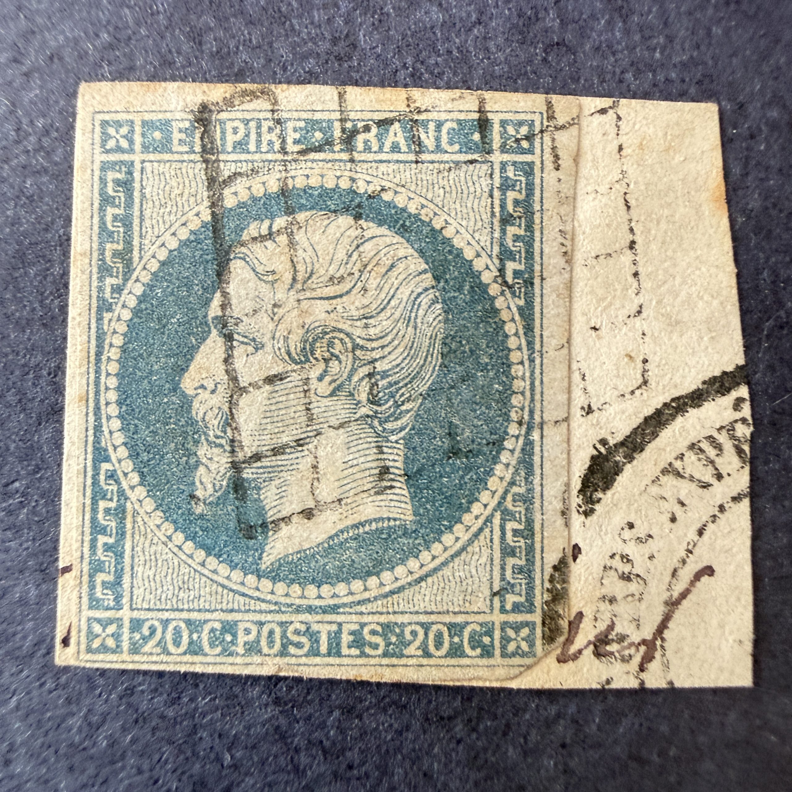 Yvert 14A, "Napoléon 20c bleu" oblitéré grille sur fragment. TB.