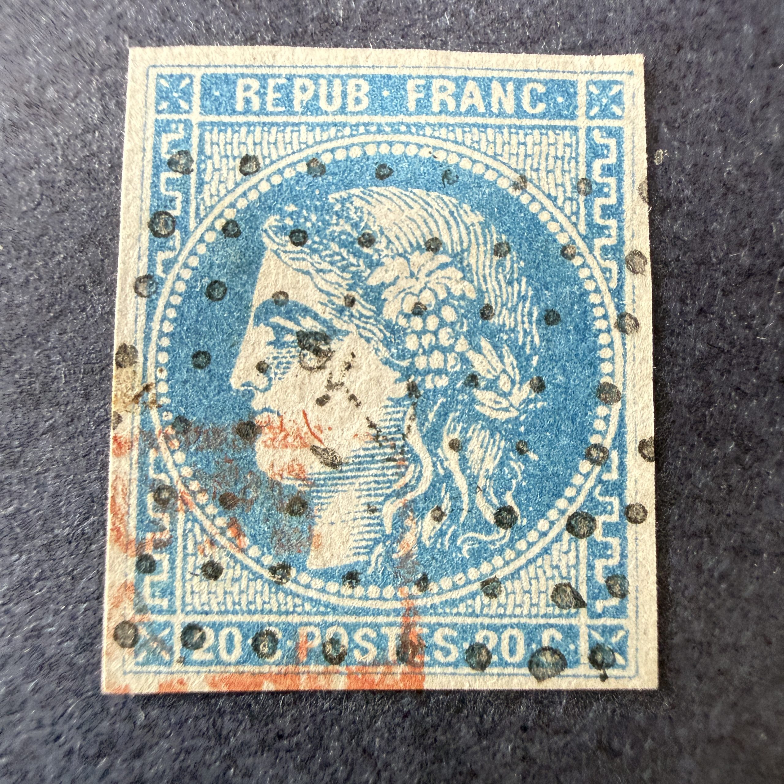 Yvert 46B, "Bordeaux 20c bleu" oblitéré ancre. Superbe.