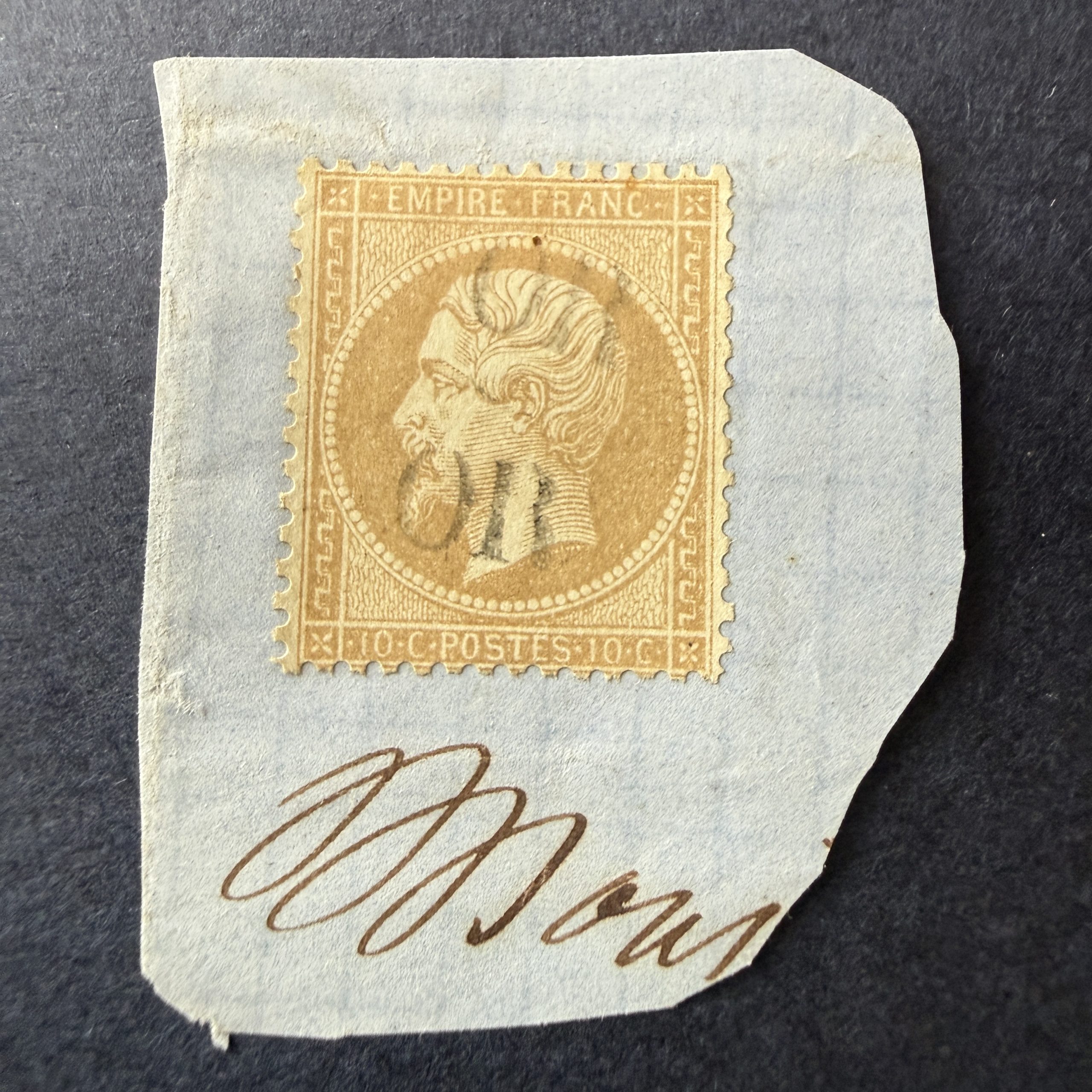 Yvert 21, "Napoléon 10c bistre" oblitéré "OR" sur fragment. TB.