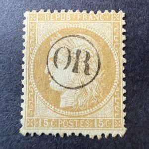 Yvert 55, "Cérès 15c bistre" oblitéré "OR". TB.