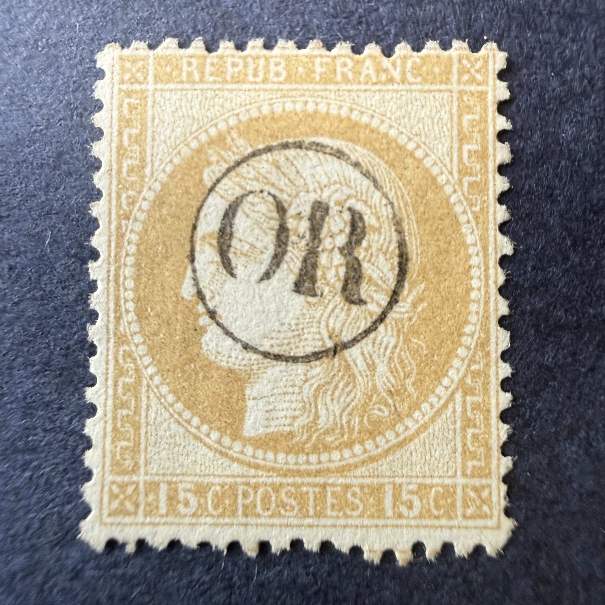 Yvert 55, "Cérès 15c bistre" oblitéré "OR". TB.