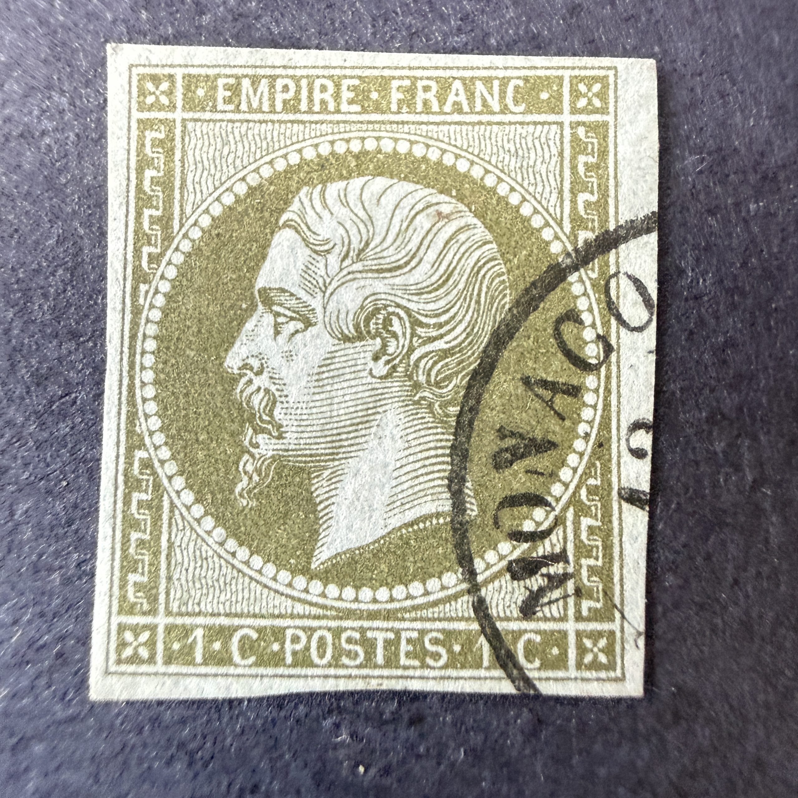 Yvert 11, "Napoléon 1c olive" oblitéré "Monaco". Superbe.