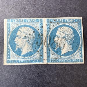 Yvert 14A, "Napoléon 20c bleu" paire oblitéré GC 5086 "Gallipoli". TB/B.
