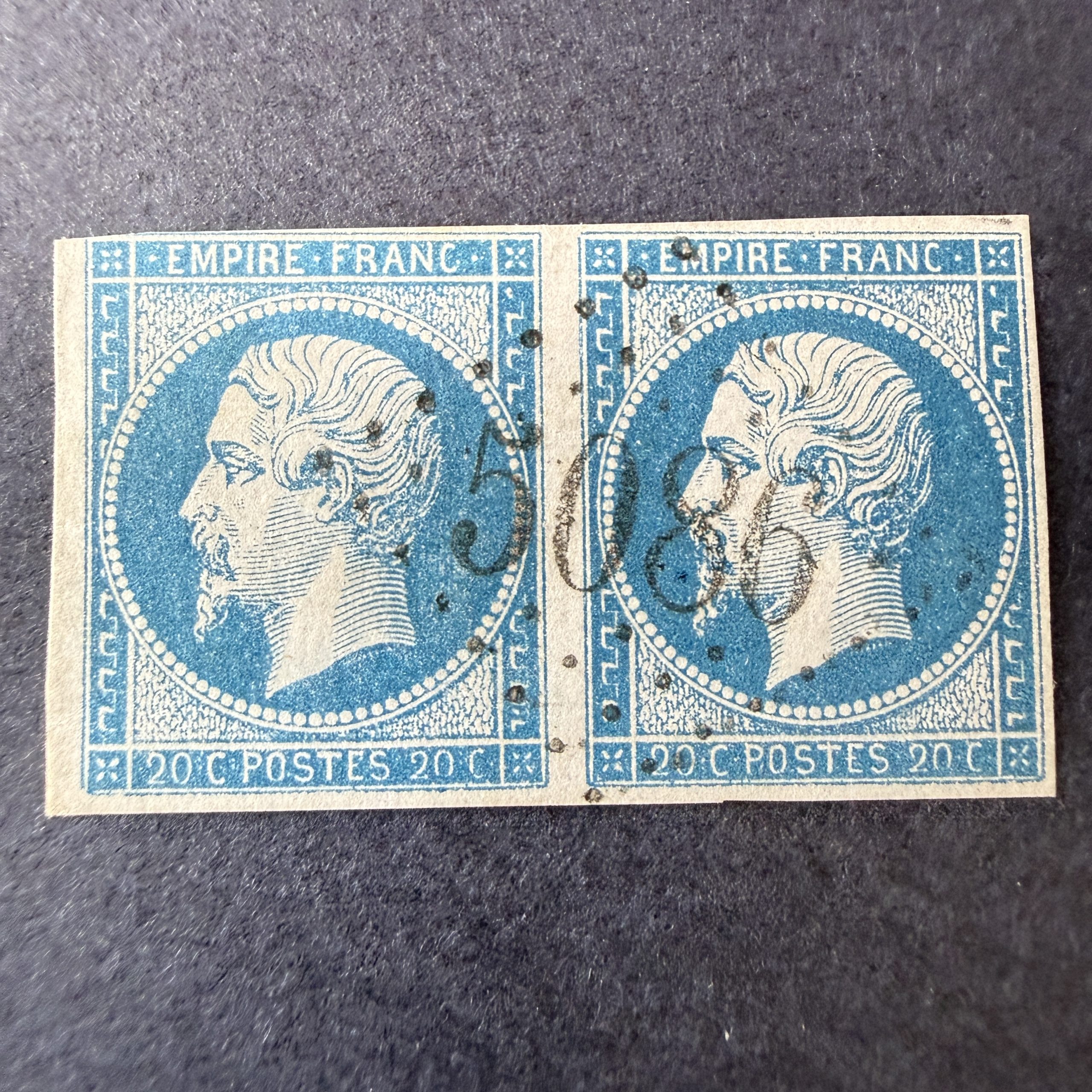 Yvert 14A, "Napoléon 20c bleu" paire oblitéré GC 5086 "Gallipoli". TB/B.