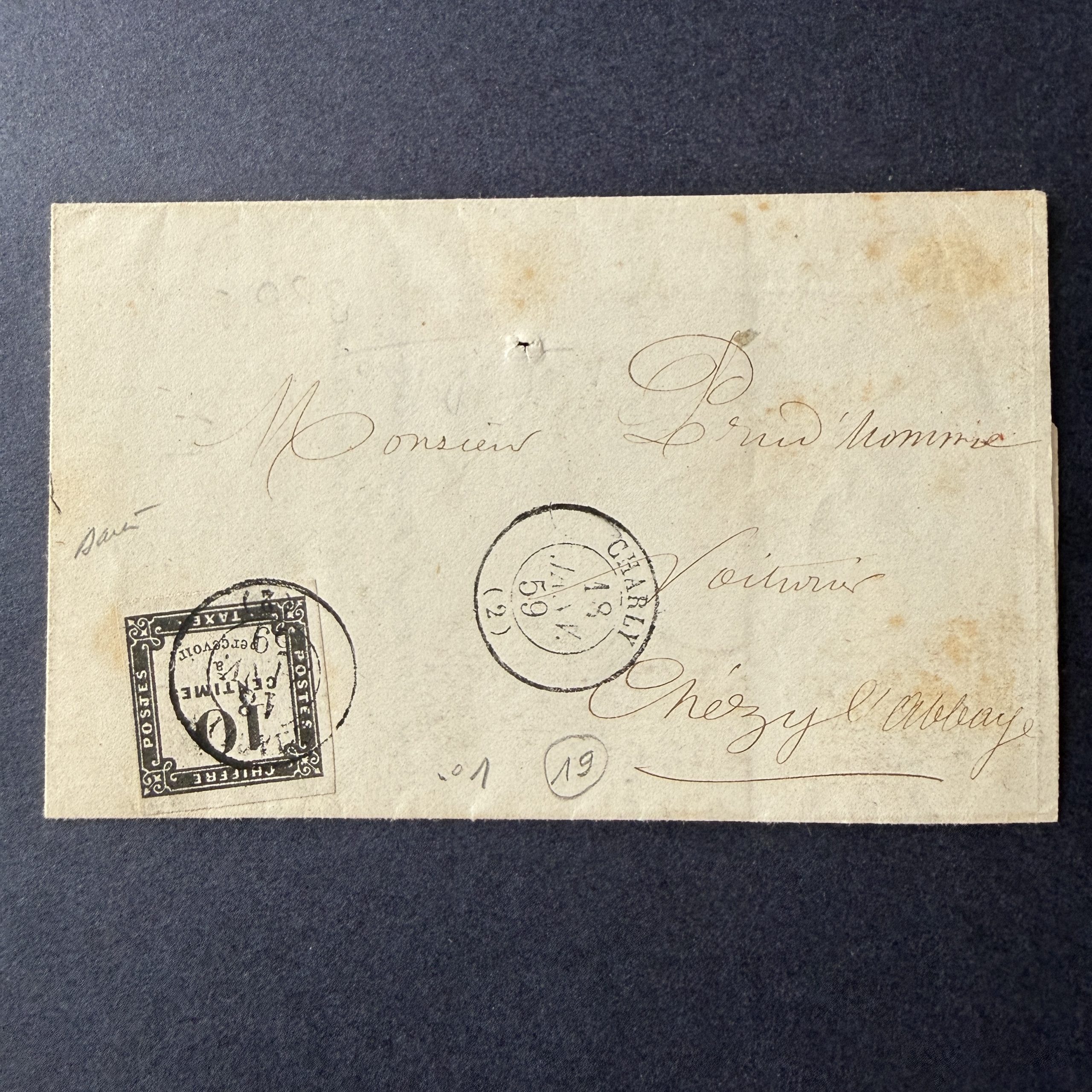 Taxe Yvert 1, "Chiffre Taxe 10c" en oblitéré sur lettre. Signé Baudot. TB.