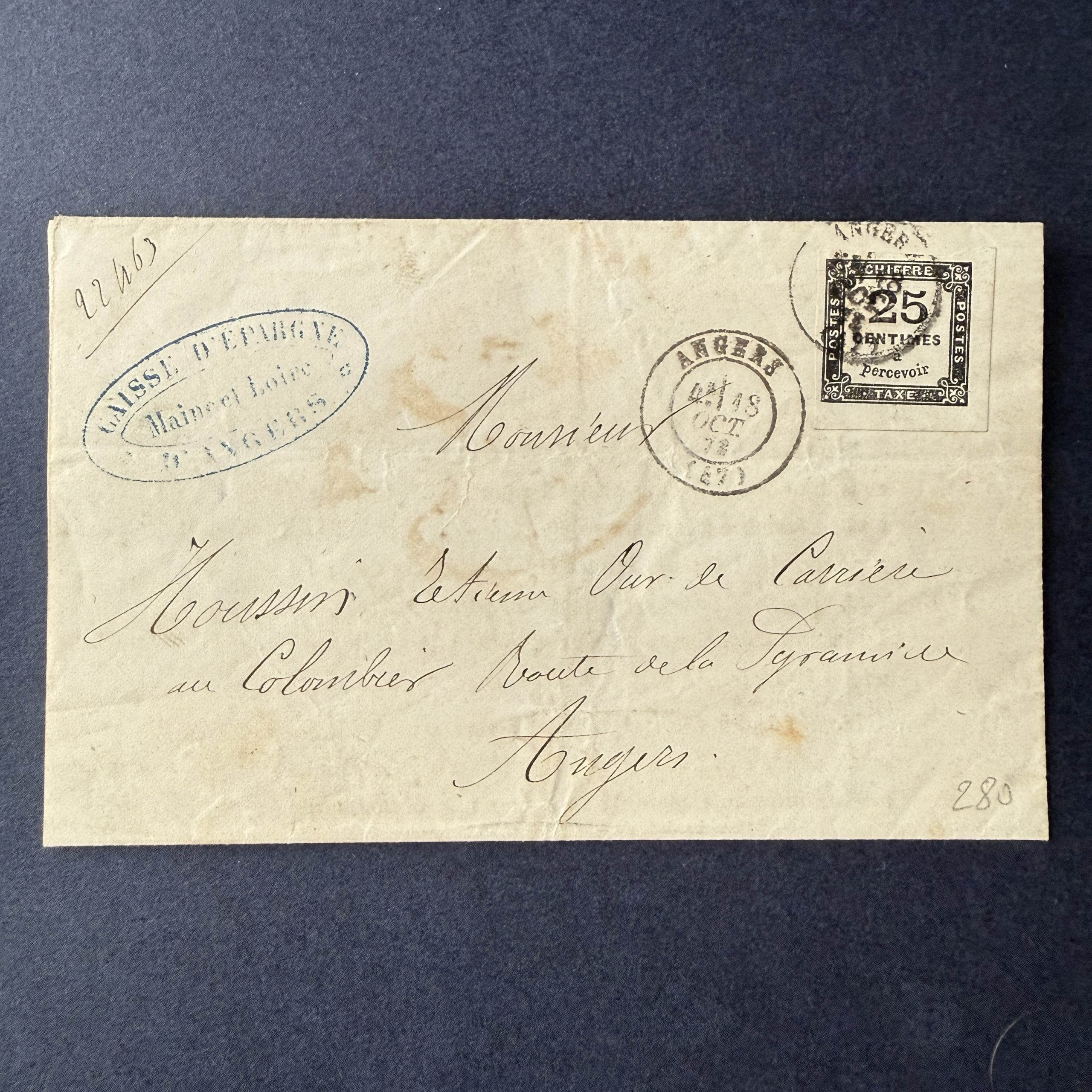 Taxe Yvert 5A, "Chiffre Taxe 25c" en oblitéré sur lettre. Superbe.