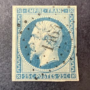 Yvert 15, "Napoléon 25c bleu" en oblitéré. Signé Brun. Superbe.