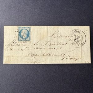Yvert 15, "Napoléon 25c bleu" sur lettre avec CàD type 14. Signé Brun. TB.