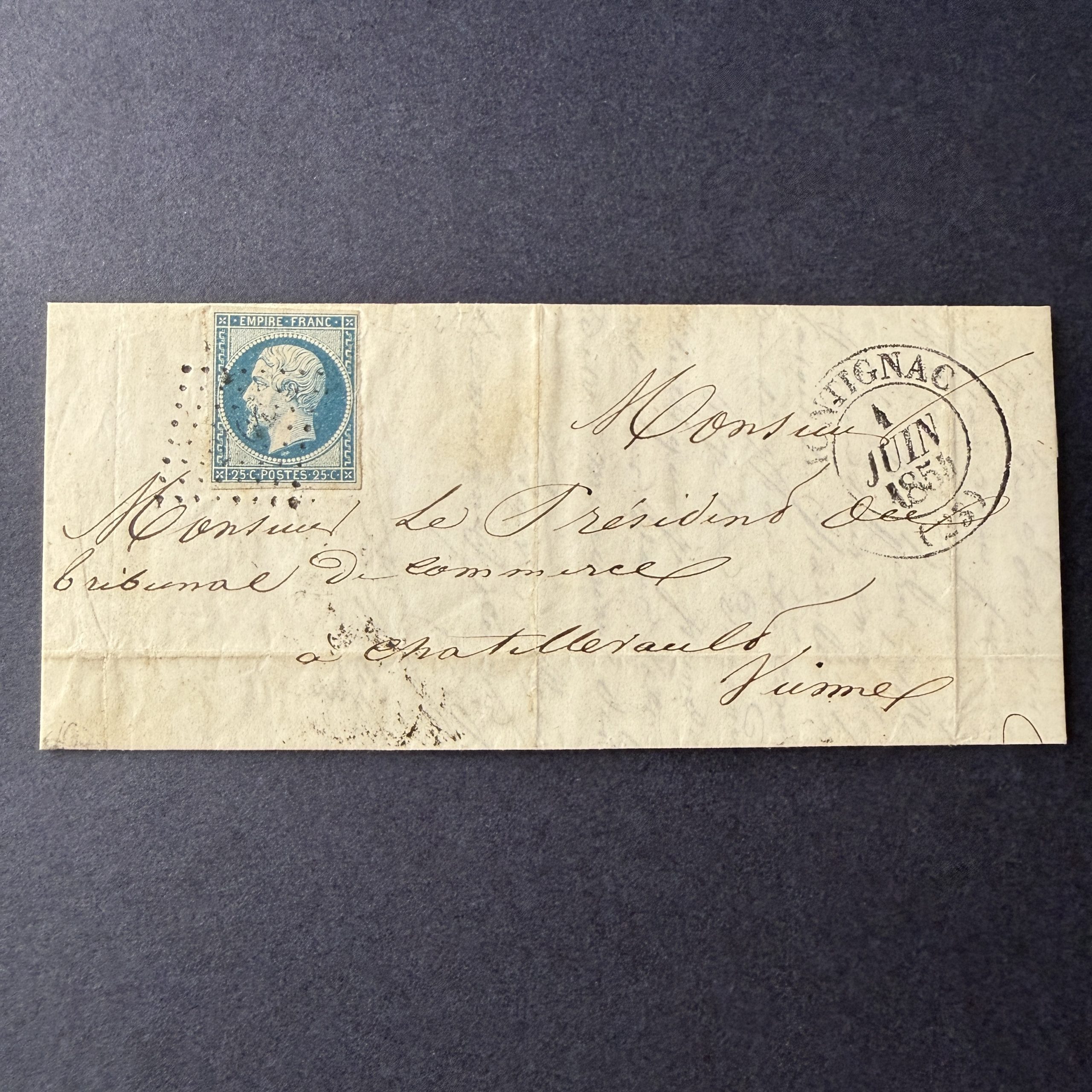 Yvert 15, "Napoléon 25c bleu" sur lettre avec CàD type 14. Signé Brun. TB.