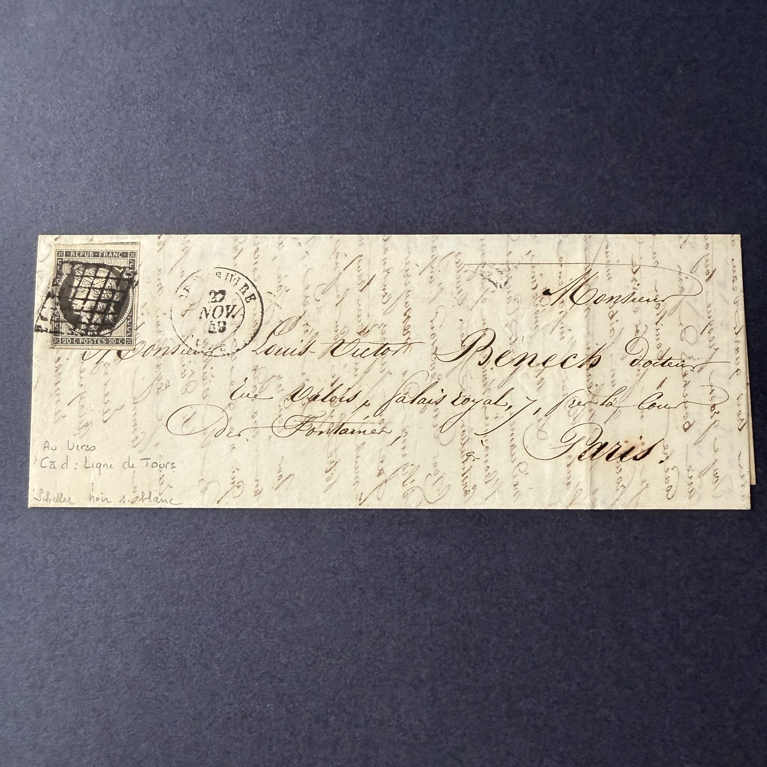 Yvert 3a, "Cérès 20c" sur lettre "ligne de Tours". Signé Scheller. Superbe.