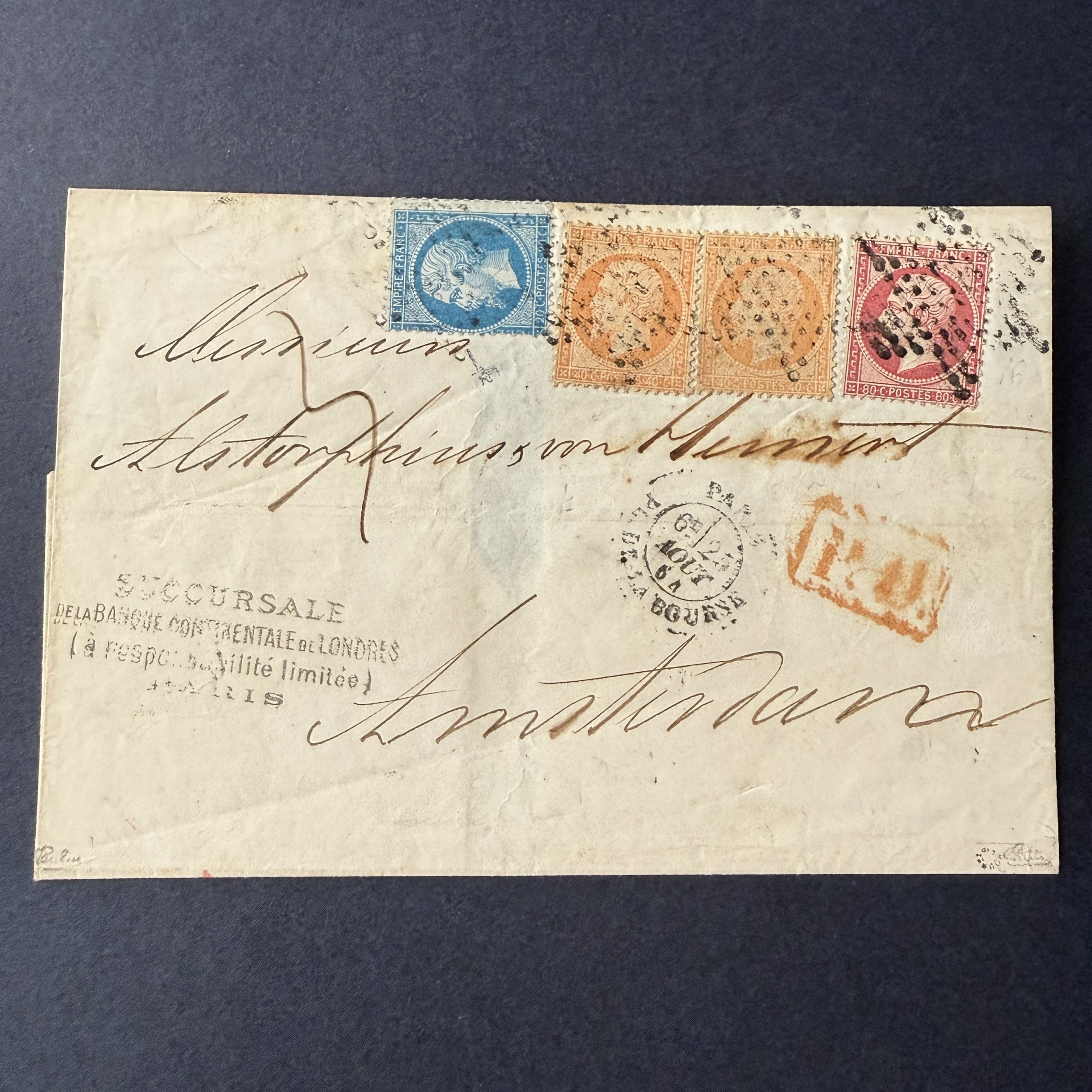 Yvert 22, 23, 24 "Napoléon" tricolore sur lettre  pour Amsterdam. Signé Calves. SUP.