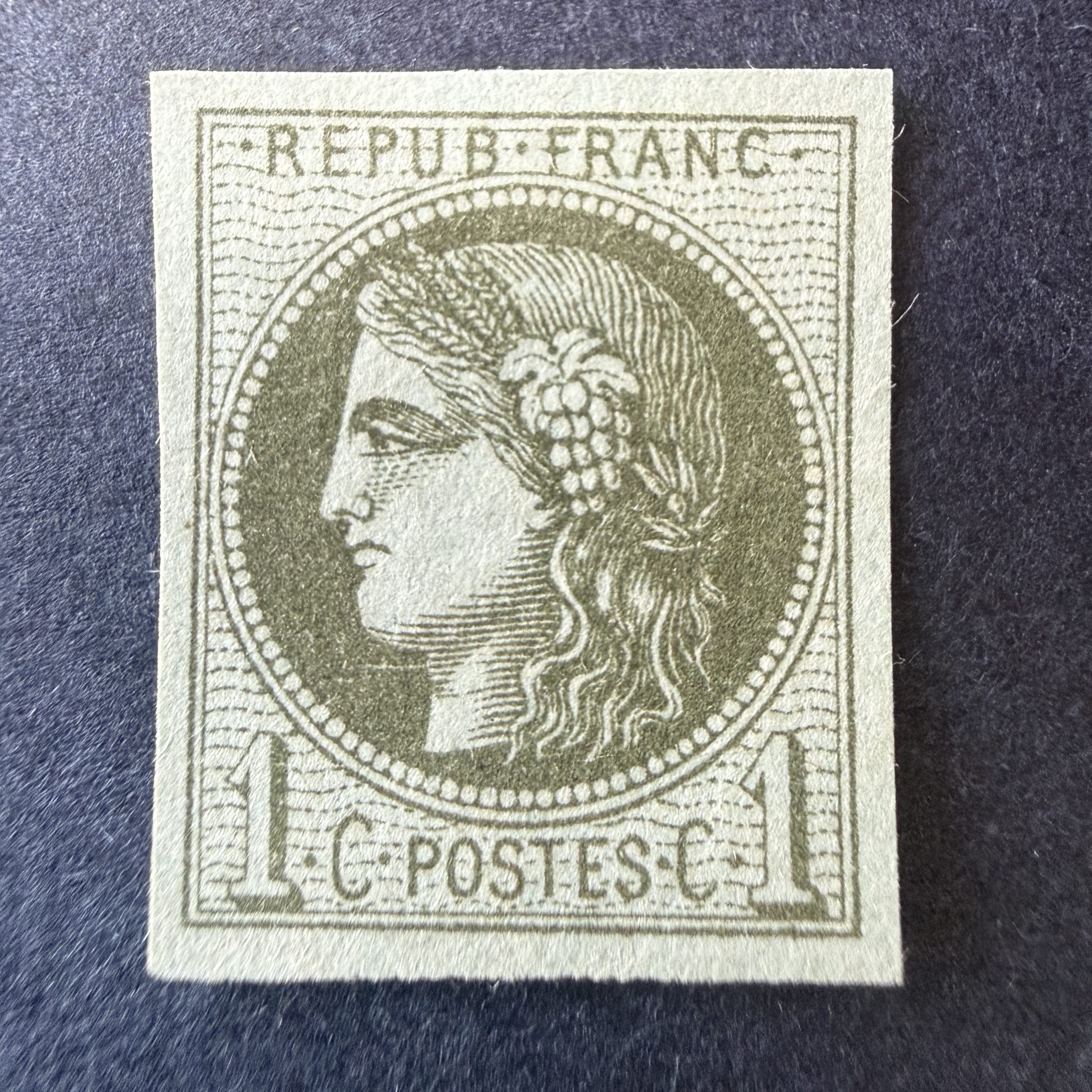 Yvert 39A, "Bordeaux 1c olive" en neuf (position 7). TB.