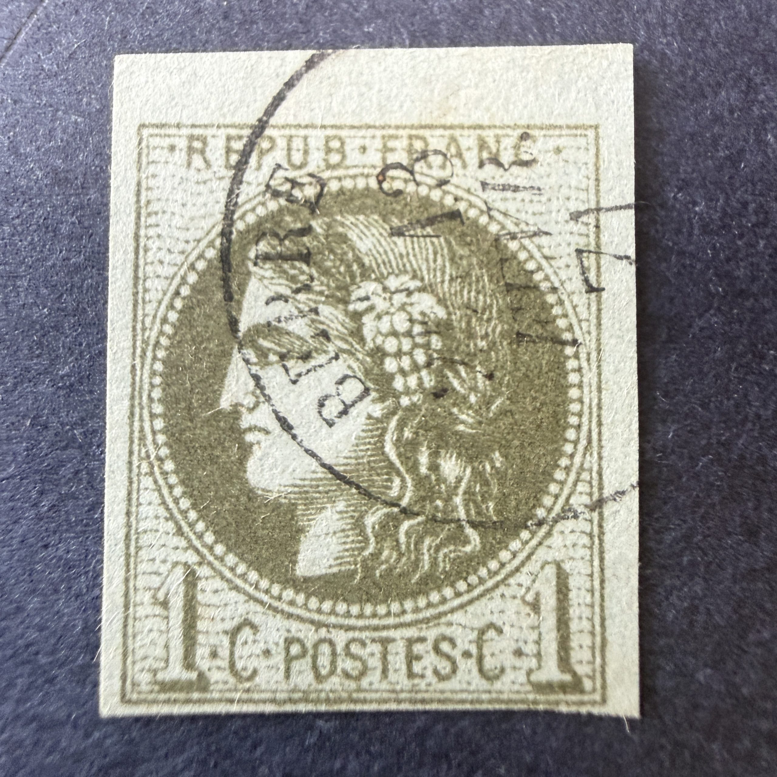Yvert 39A, "Bordeaux 1c olive" en oblitéré cachet. Signé Calves. SUP.