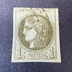 Yvert 39C, "Bordeaux 1c olive" en oblitéré. Signé Scheller. TB.
