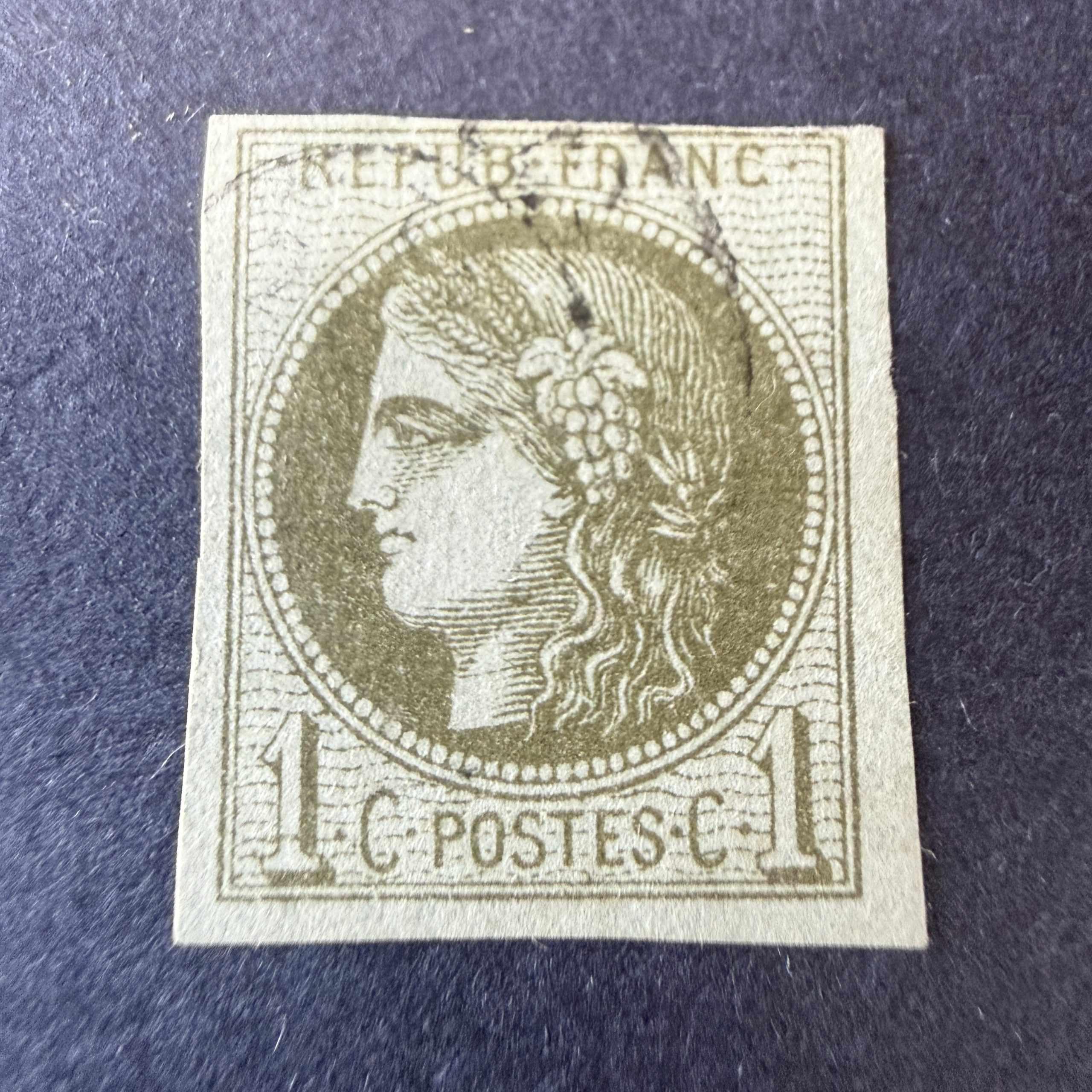 Yvert 39C, "Bordeaux 1c olive" en oblitéré. Signé Scheller. TB.