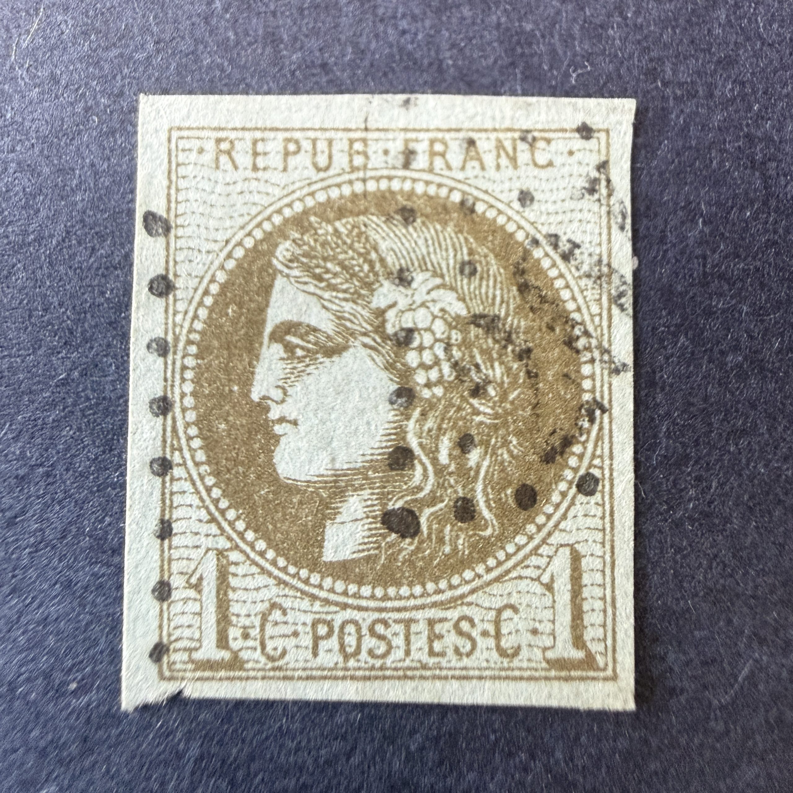 Yvert 39Cc, "Bordeaux 1c olive bronze" en oblitéré. Signé Scheller. TB.