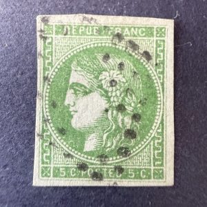 Yvert 42B, "Bordeaux 5c vert jaune" en oblitéré. TB.