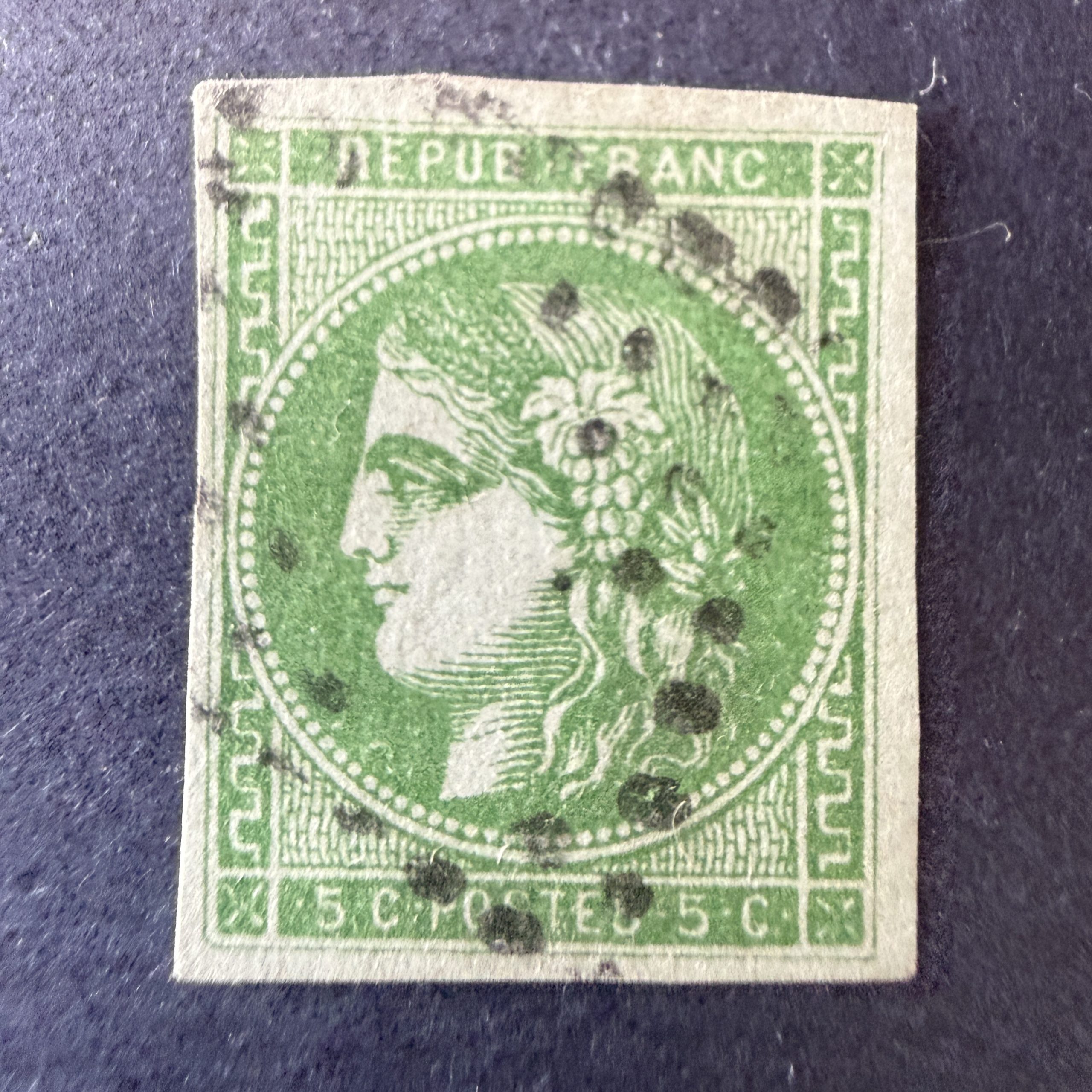 Yvert 42B, "Bordeaux 5c vert jaune" en oblitéré. TB.