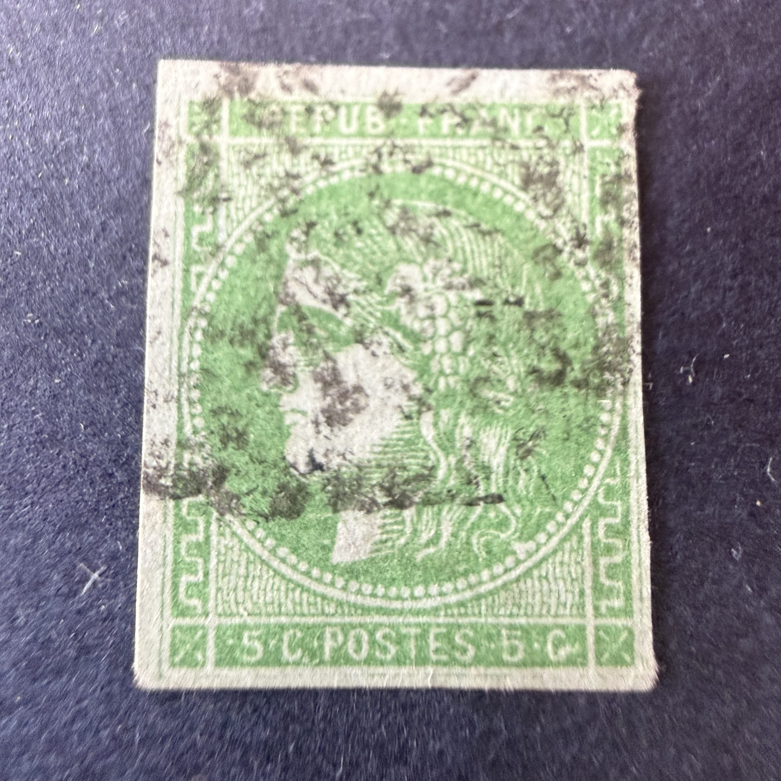 Yvert 42Bi, "Bordeaux 5c vert émeraude clair" en oblitéré. TB.