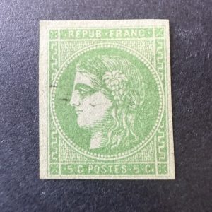 Yvert 42Bi, "Bordeaux 5c vert émeraude clair" en oblitéré. Signé Scheller. SUP.
