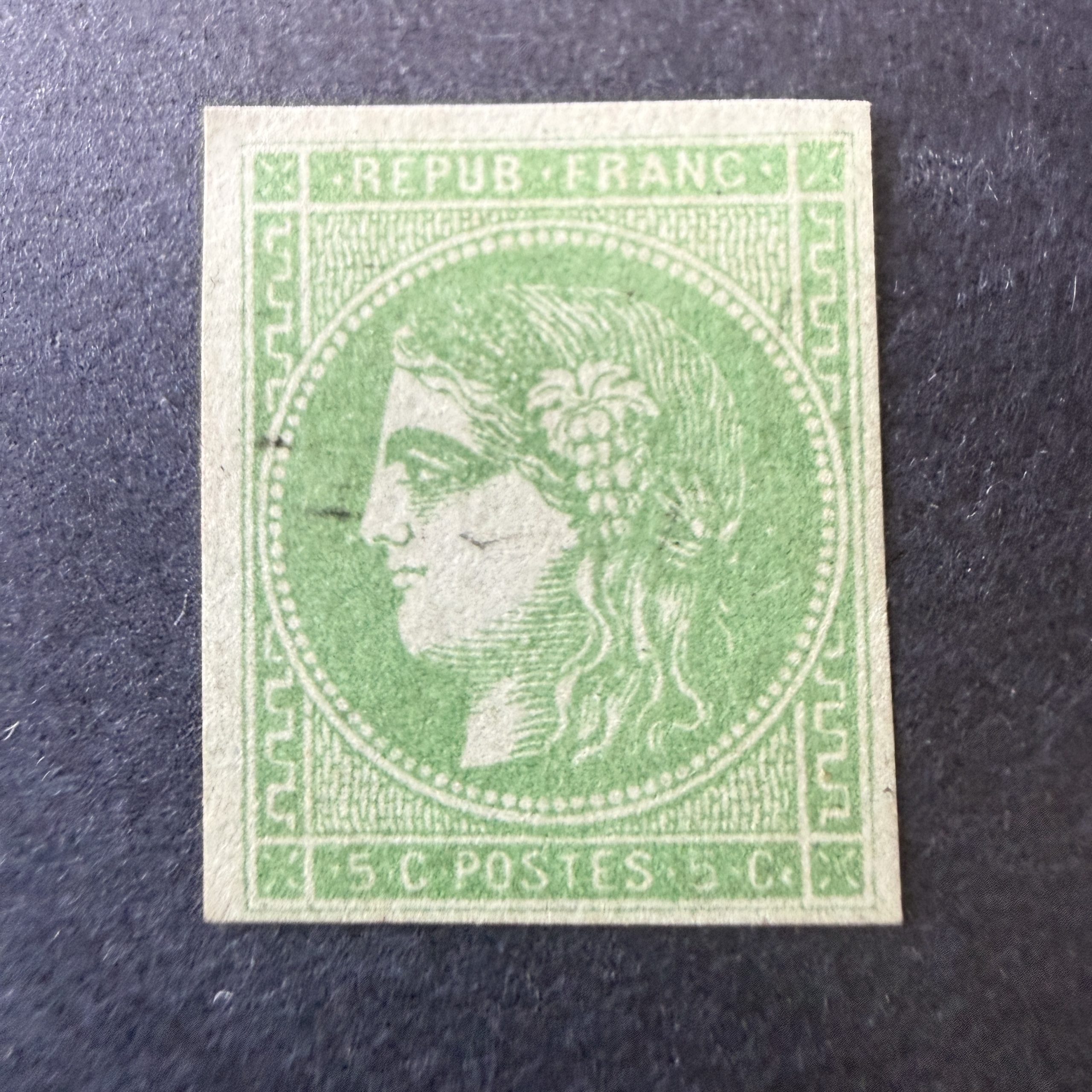 Yvert 42Bi, "Bordeaux 5c vert émeraude clair" en oblitéré. Signé Scheller. SUP.