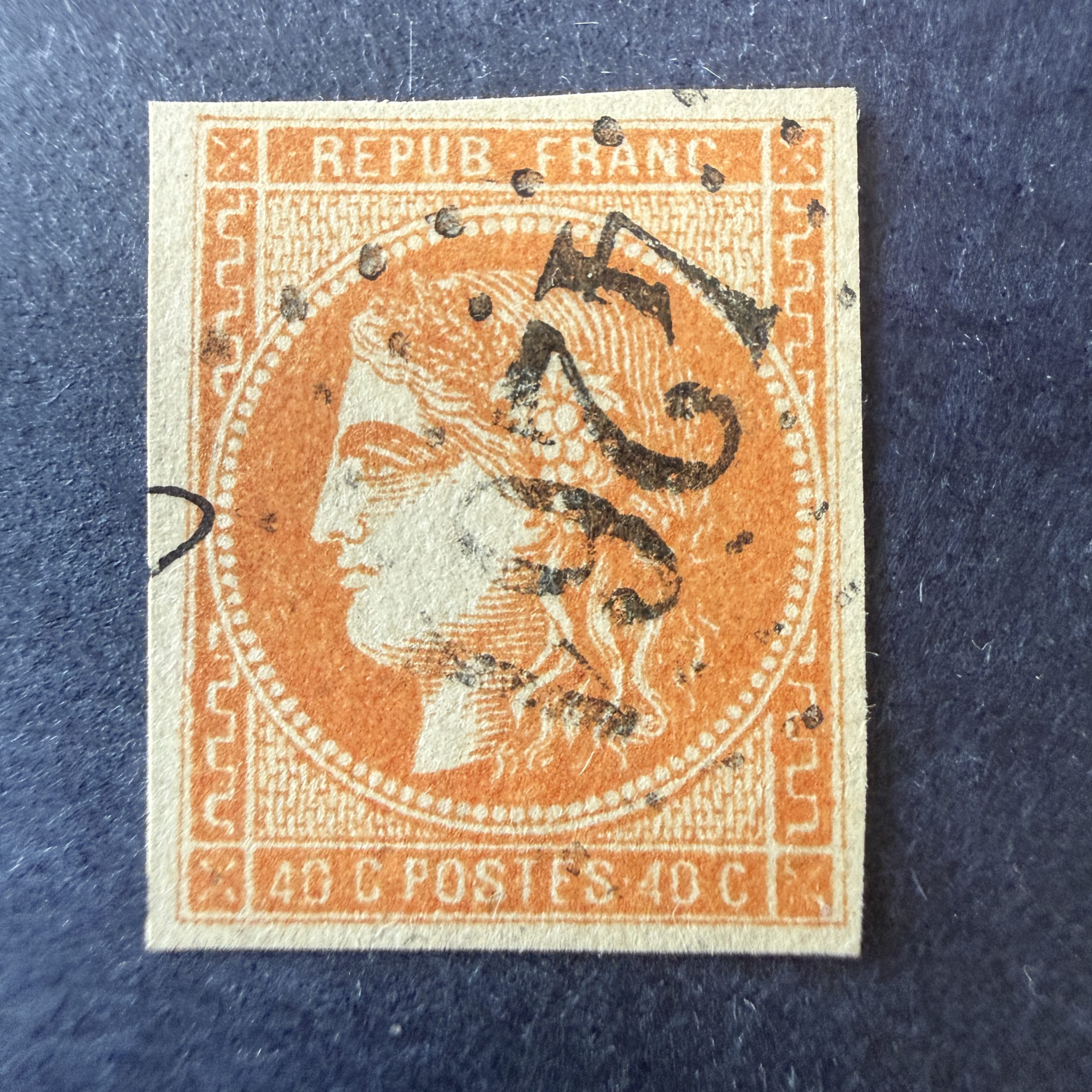 Yvert 48i, "Bordeaux 40c orange clair" en oblitéré. Signé Scheller. TB.