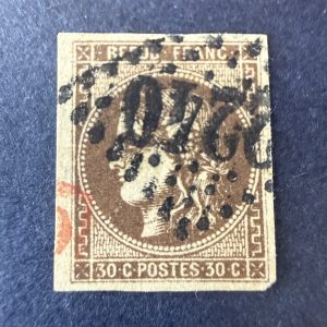 Yvert 47d, "Bordeaux 30c brun foncé" en oblitéré. Signé Scheller. TB.