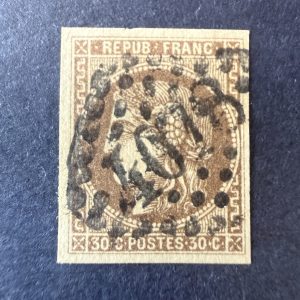Yvert 47, "Bordeaux 30c brun" en oblitéré. Signé Scheller. TB.