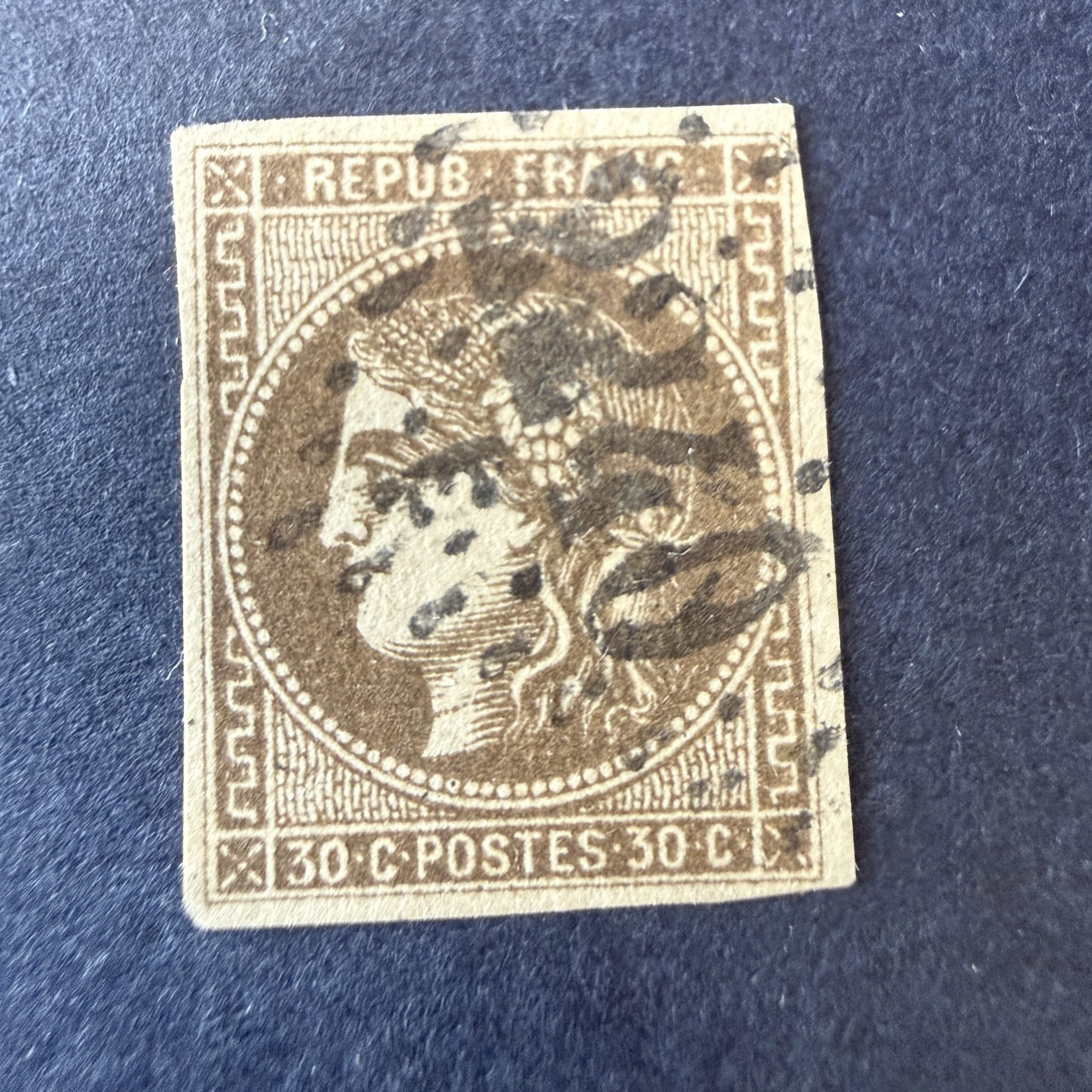 Yvert 47, "Bordeaux 30c brun" en oblitéré. Signé Brun. TB.