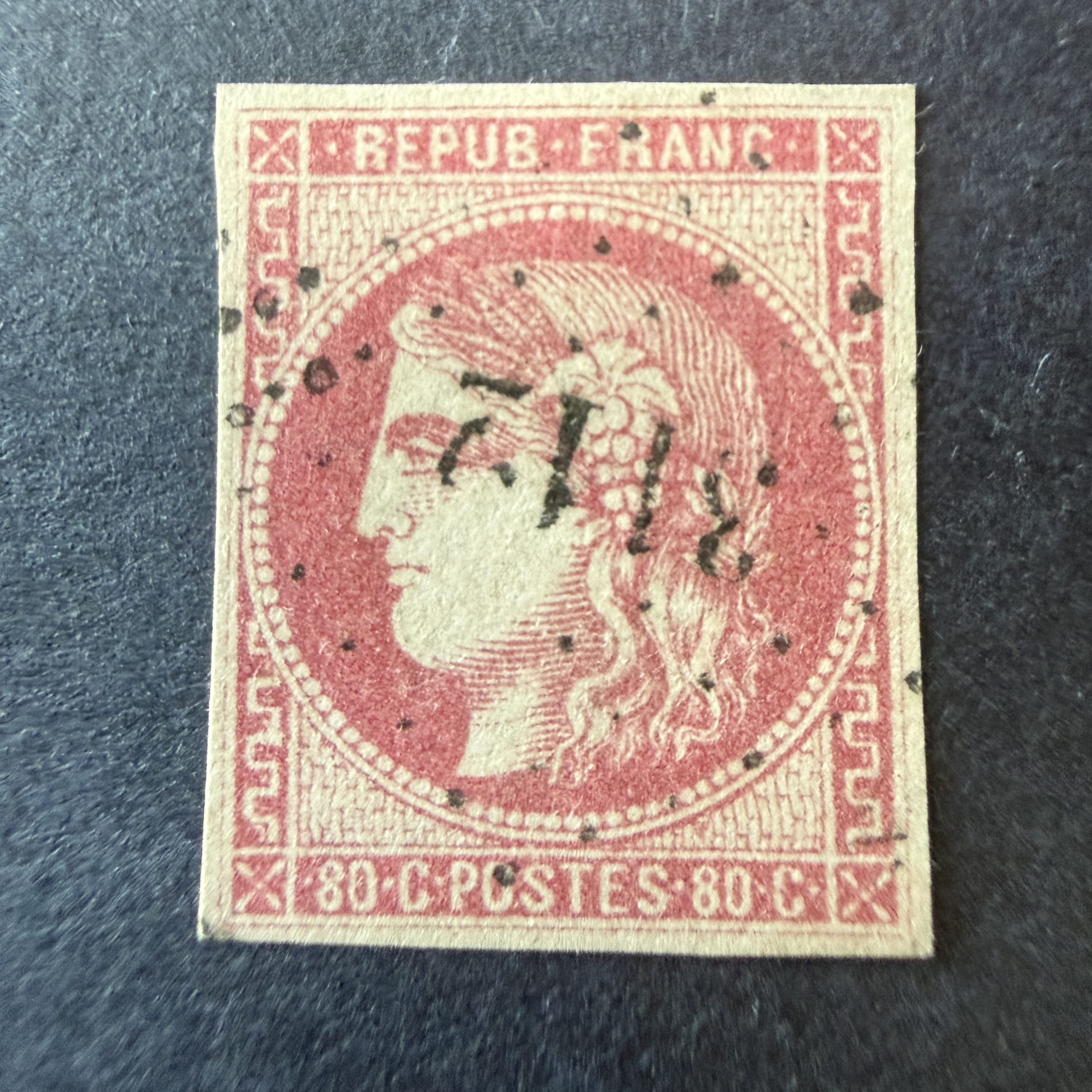 Yvert 49, "Bordeaux 80c rose" en oblitéré petits chiffres. TB.