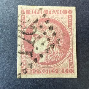 Yvert 49, "Bordeaux 80c rose" en oblitéré. Signé Brun. TB.
