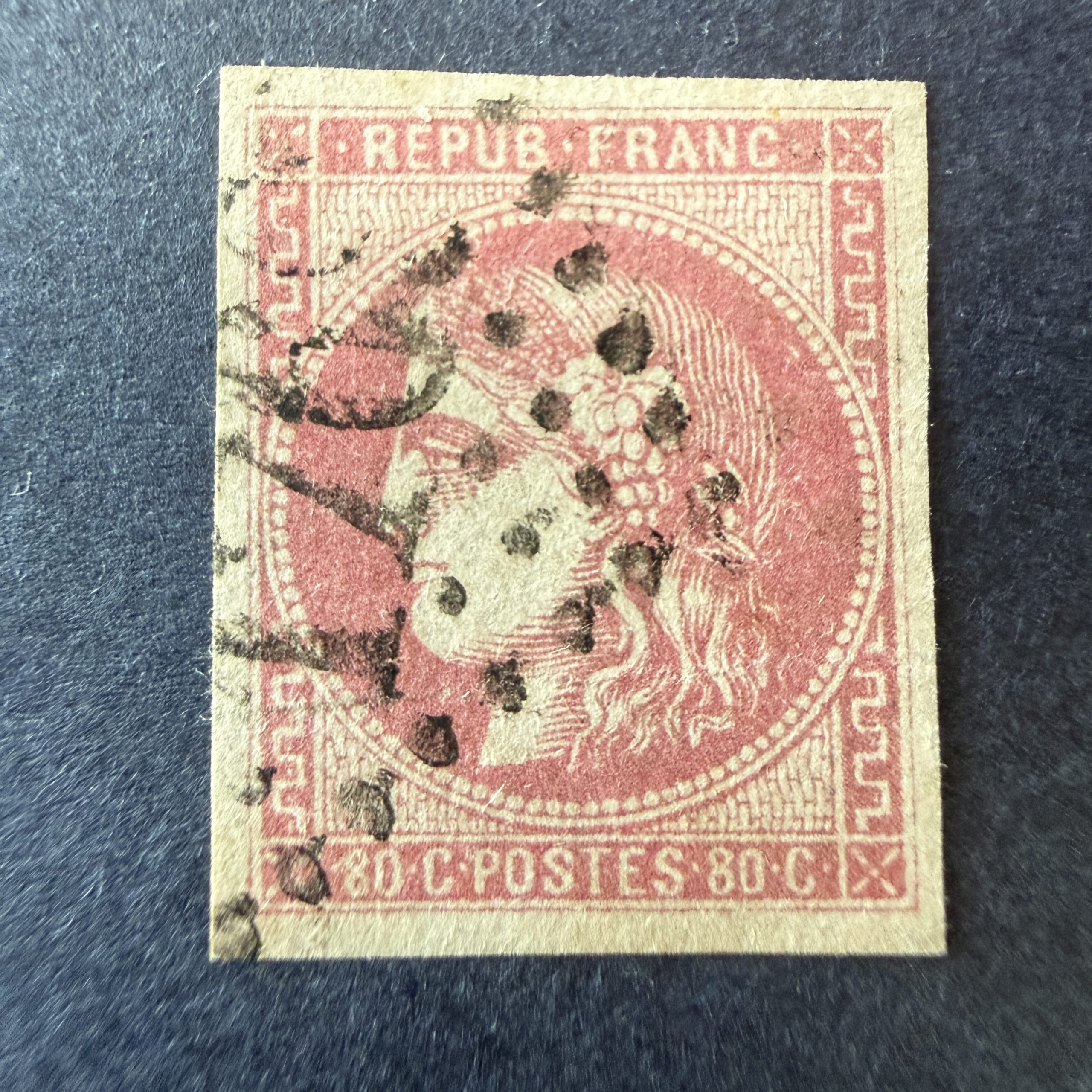 Yvert 49, "Bordeaux 80c rose" en oblitéré. Signé Brun. TB.