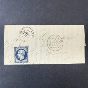 Yvert 14A, "Napoléon 20c bleu" lettre roulette points accordéons. SUP.