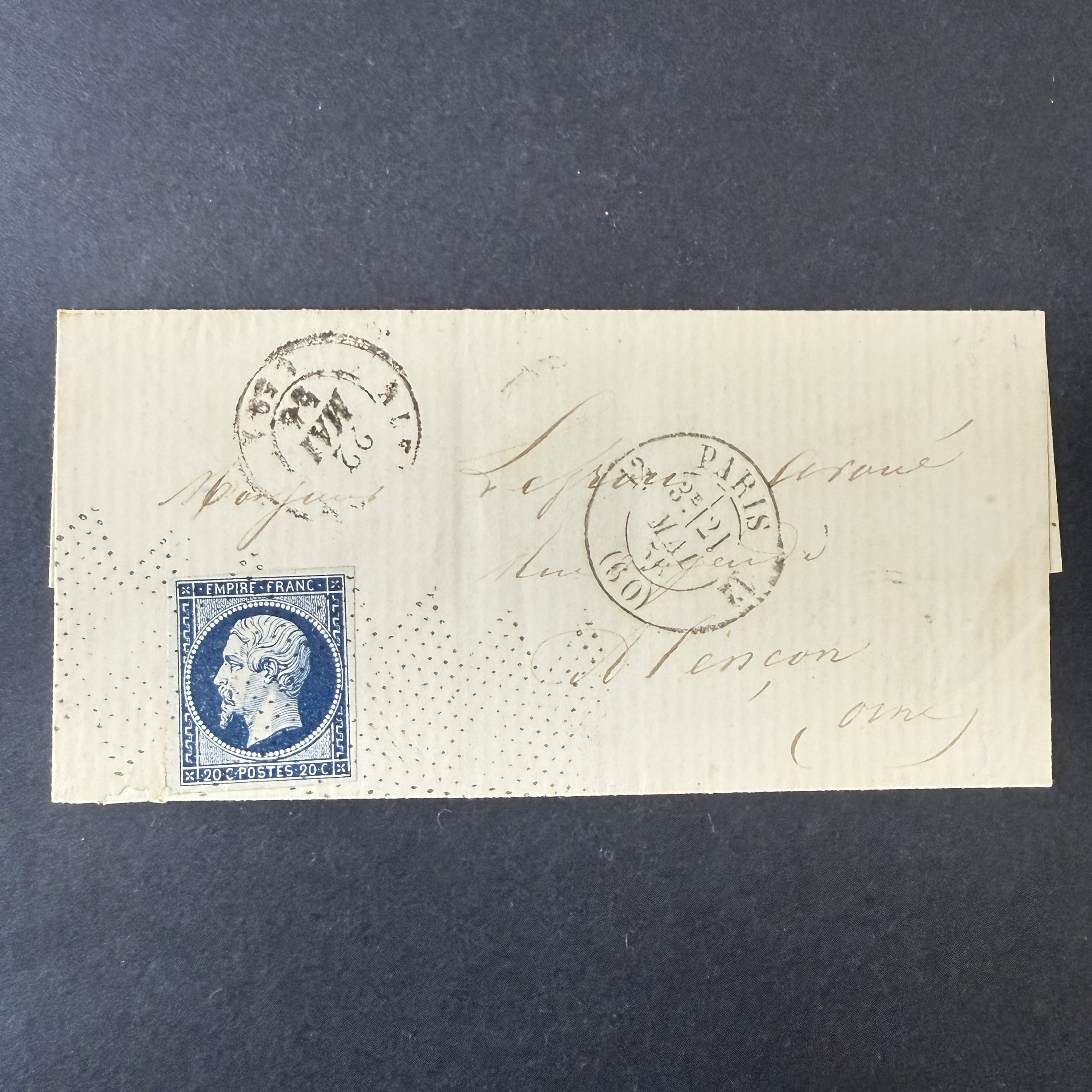 Yvert 14A, "Napoléon 20c bleu" lettre roulette points accordéons. SUP.