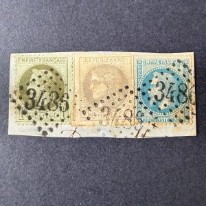 Yvert 25, 29B, 41B "Tricolore" dont 41B percé en ligne (rare) sur fragment. TB.