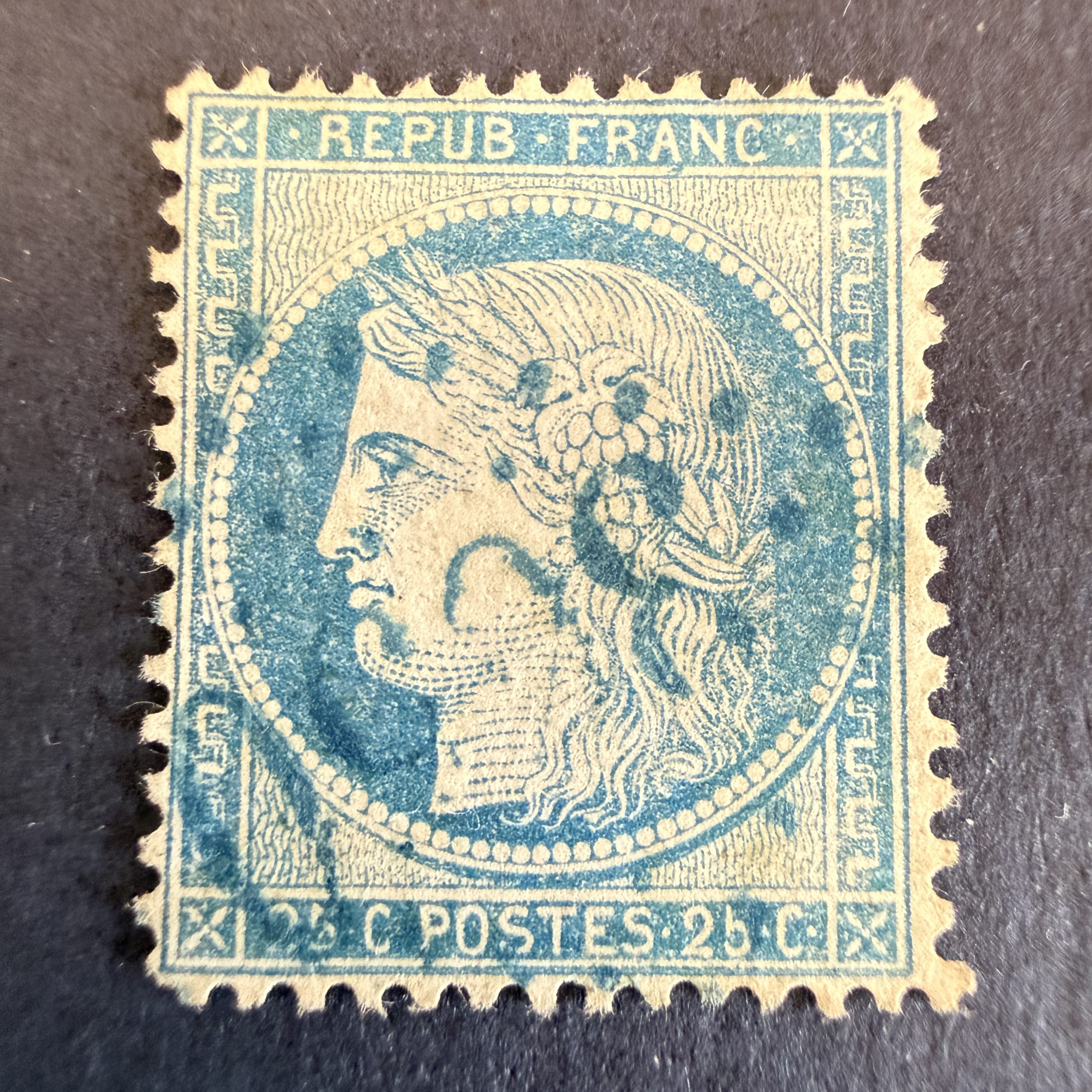 Yvert 60C "Cérès 25c bleu" type III oblitéré GC bleu. TB.