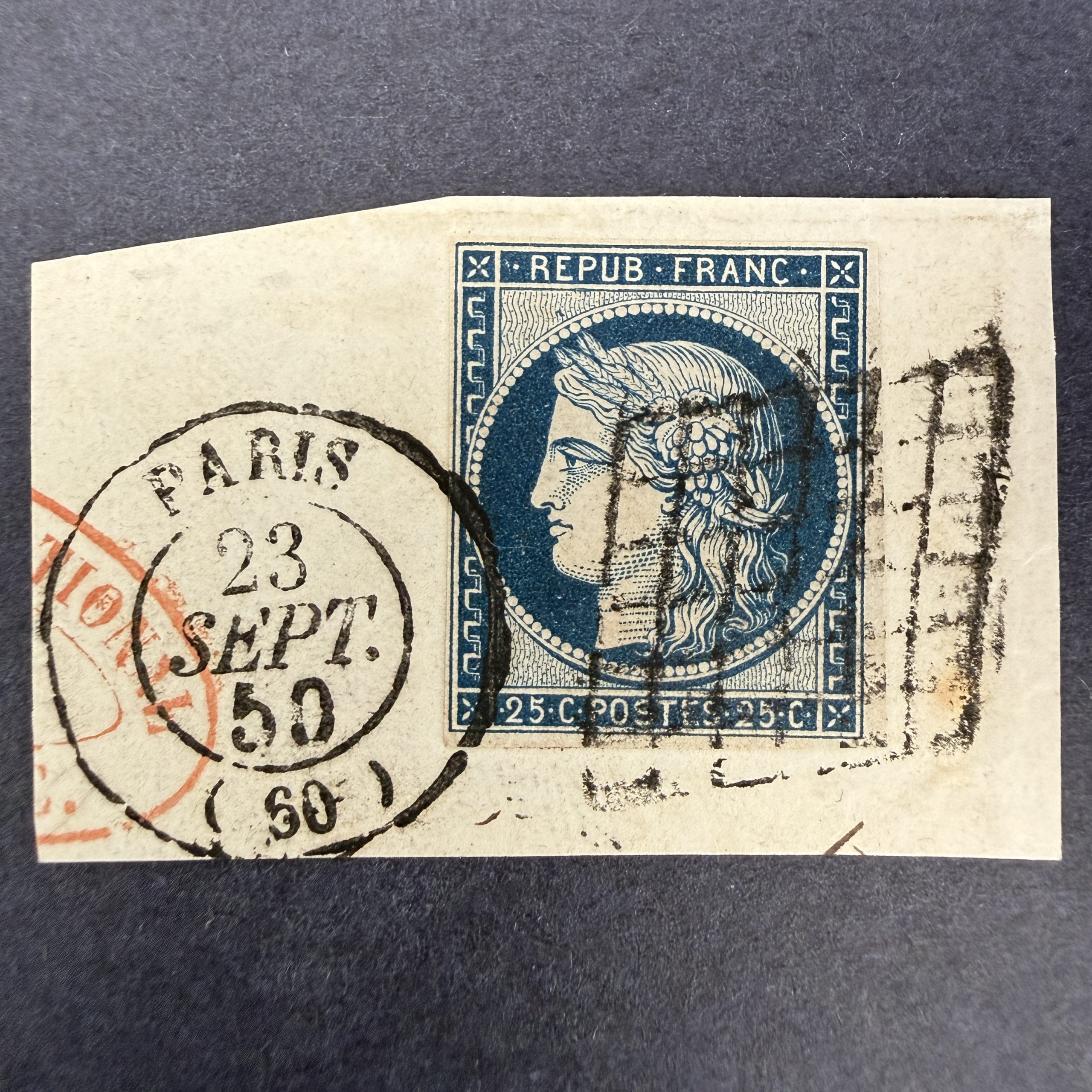 Yvert 4a "Cérès 25c bleu foncé" sur fragment en oblitéré. SUP.