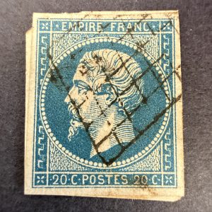 Yvert 14A "Napoléon 20c bleu" en oblitéré grille. TB.