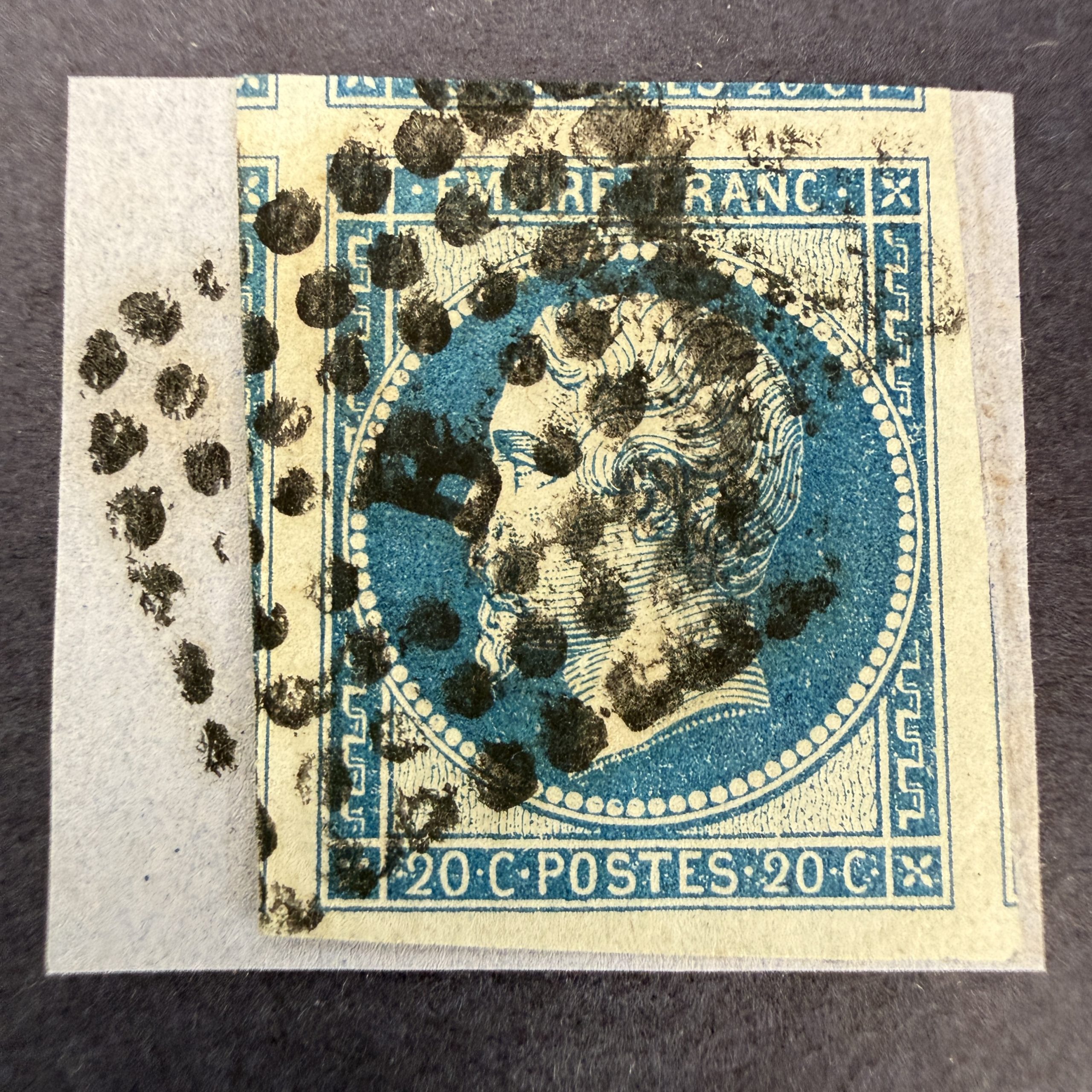 Yvert 14Ba "Napoléon 20c bleu sur vert" 4 voisins en oblitéré. Signé Brun. SUP.