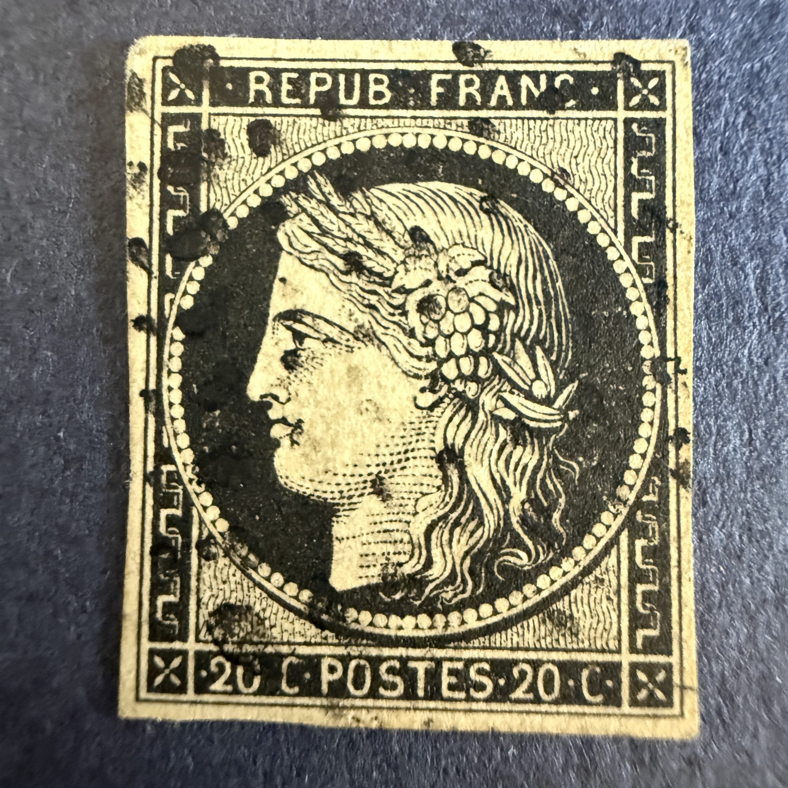 Yvert 3 "Cérès 20c noir sur jaune" en oblitéré étoile. TB.