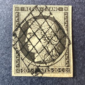 Yvert 3c "Napoléon 20c gris noir" en oblitéré. Signé Scheller. TB.
